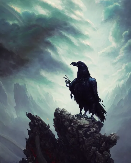 Image similar to oil painting of a Anthropomorphized raven shaman fusing with dragon, spirit of green dragon behind in the clouds, sharp focus, heroic pose, fantasy style, octane render, volumetric lighting, 8k high definition, by greg rutkowski, highly detailed, trending on art Station, magic the gathering artwork, Woodland background, centered