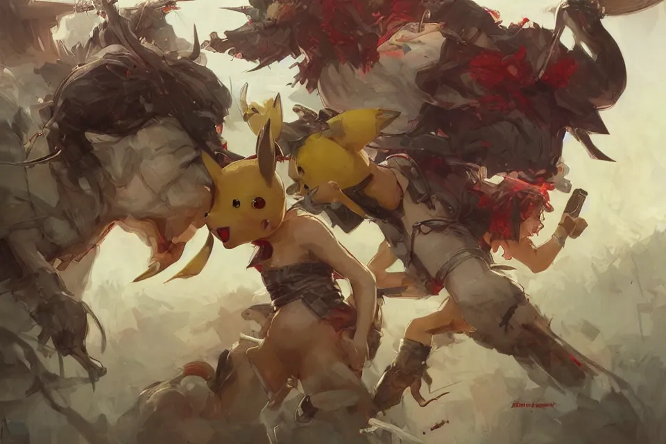 Prompt: bloody battle between two pikachu, highly detailed, digital painting, artstation, concept art, smooth, sharp, focus, illustration, art by artgerm and greg rutkowski and alphonse mucha