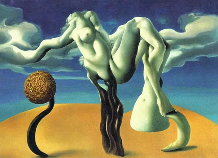 Prompt: impisoned female eldritch goddess by salvadore dali and rene magritte