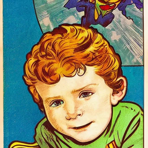 Prompt: a cute little boy with a mischievous face and ginger hair. he is dressed as a superhero. well composed, clean elegant painting, beautiful detailed face. comic book art by steve ditko and jack kirby and ( alphonse mucha )
