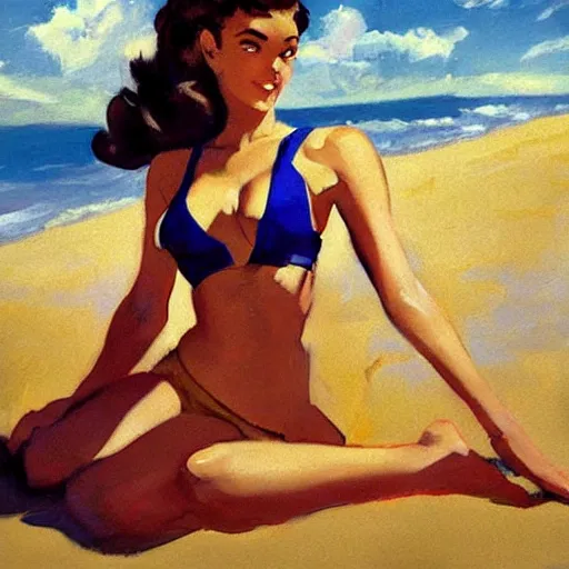 Image similar to greg manchess pinup painting of overwatch's tracer in a bikini, in a futuristic beach, 1 9 5 6