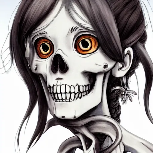 Prompt: manga fine details portrait of joyful skull girl, floeers in hair, Lizz Truss, skeleton. anime masterpiece by Studio Ghibli. 8k render, sharp high quality anime illustration in style of Ghibli, artstation