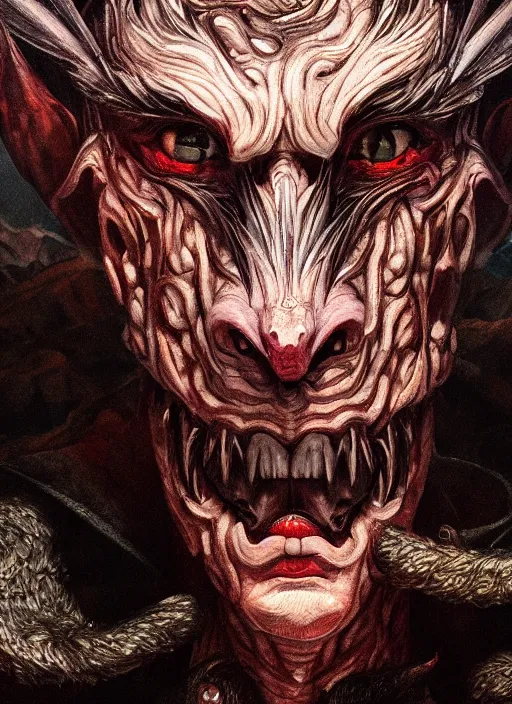 Image similar to close up portrait of a gay monster in the mountains of hell, oil painting by tomasz jedruszek, cinematic lighting, pen and ink, intricate line, hd, 4 k, million of likes, trending on artstation