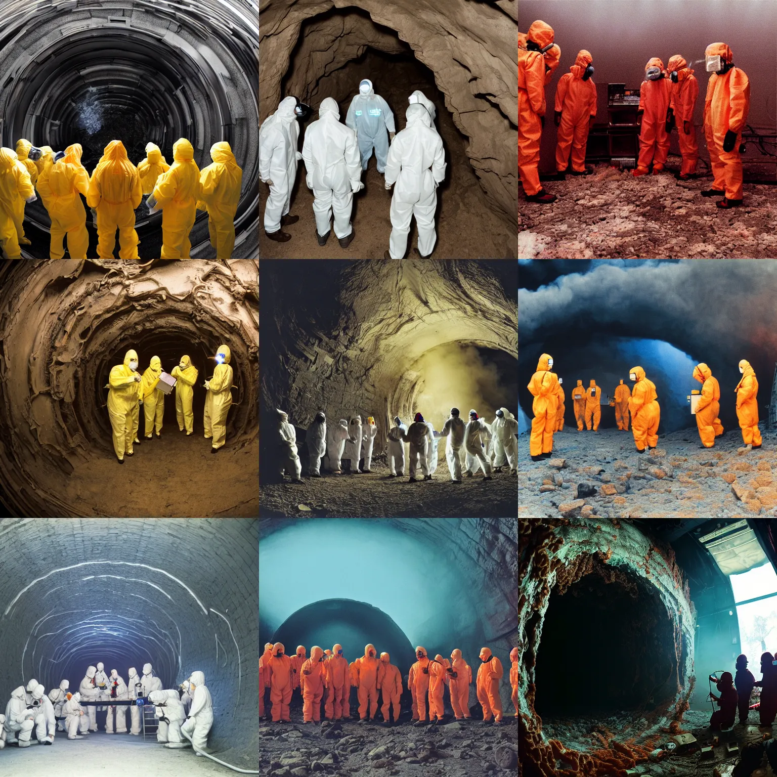 Prompt: wide - shot photo of a group of scientists in hazmat suits, studying a hell open rift portal, by shaun tan, codachrome, hellish, unsettling, otherworldly, smoke, machines, 8 k, hd, highly detailed,