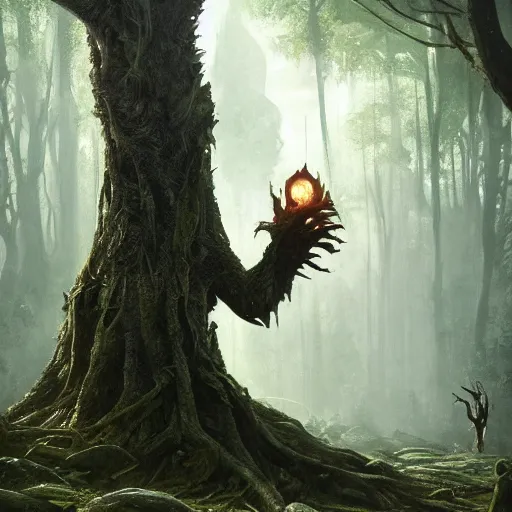 Image similar to an ent from lord of the rings, in the shape of a rat, in a corrupted forest, by greg rutkowski, trending on art station, highly detailed, magic the gathering, matte painting