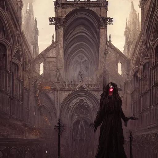 Image similar to A digital painting of a Grim Reapper, ancient catedral behind her, intricate, cinematic lighting, highly detailed, digital painting, Artstation, concept art, smooth, sharp focus, illustration, art by Tom Bagshaw, Artgerm and Greg Rutkowski