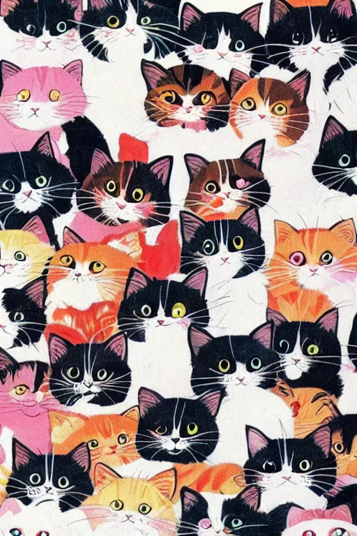 Image similar to Piles of cats, Kawaii Japanese illustration, 1980s