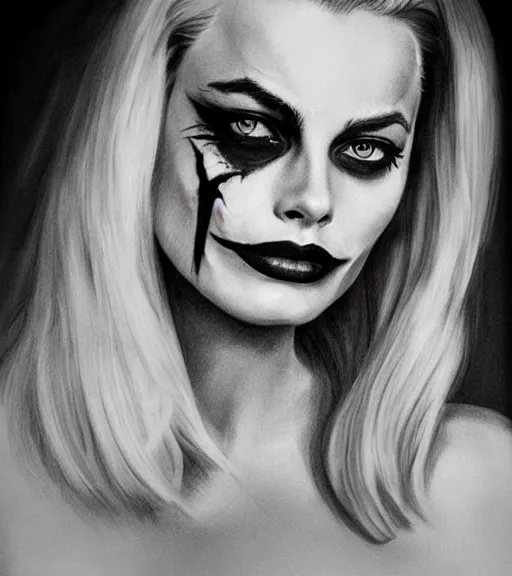 Image similar to tattoo design sketch of beautiful margot robbie portrait with joker makeup, in the style of den yakovlev, realistic face, black and white, realism tattoo, hyper realistic, highly detailed