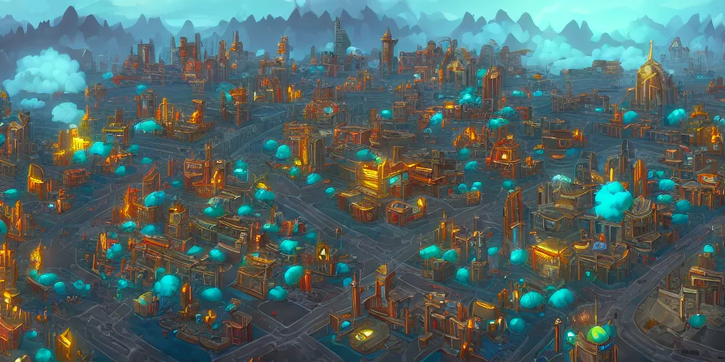 Image similar to a city in the style of piltover from arcane, tall towers, utopia, white blimps in the sky, blue skies, soft clouds, trending on artstation