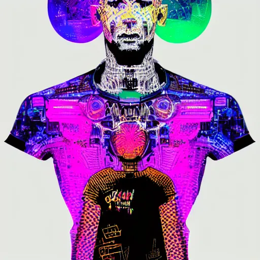 Image similar to mockup of a black tshirt with a hyperdetailed portrait of a trippy cyberpunk robot, 8 k, symetrical, flourescent colors, happy mood, multicolored,