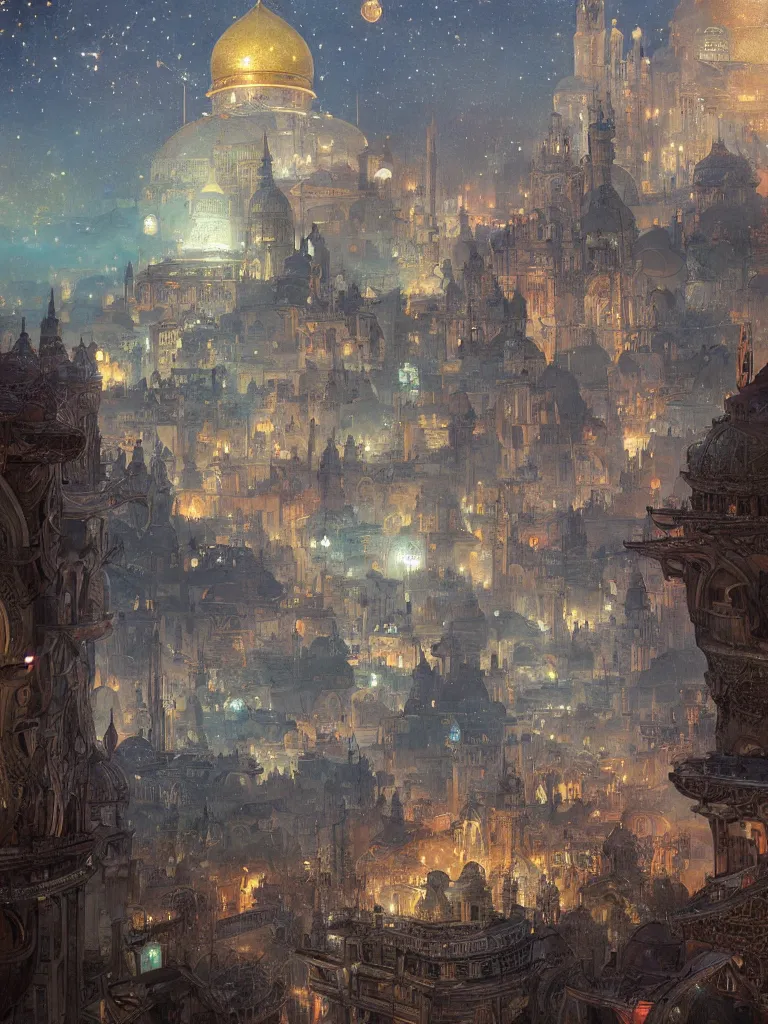 Image similar to a dome - covered city resembling ancient baghdad at night with the sky full of stars, intricate, elegant, highly detailed, digital painting, artstation, concept art, smooth, sharp focus, colored illustration for tattoo, art by krenz cushart and artem demura and alphonse mucha,