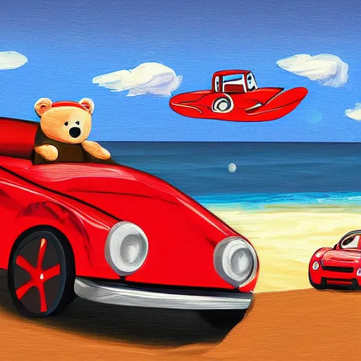 Image similar to A teddy bear driving a red convertible sports car by the sea, digital art