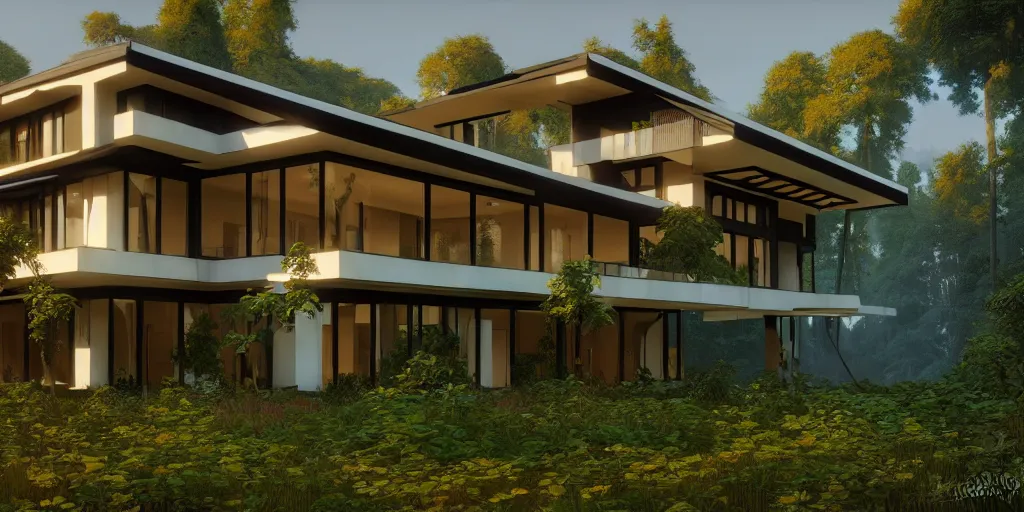 Prompt: beautiful digital painting of a stylish modern villa in forest with high detail, 8 k, stunning detail, works by artgerm, greg rutkowski and alphonse mucha, unreal engine 5, 4 k uhd