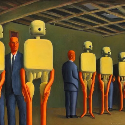 Image similar to robots queue up for destruction in an abattoir, grant wood, pj crook, edward hopper, oil on canvas
