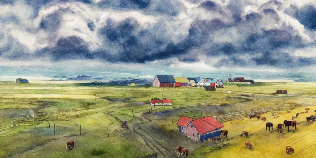 Image similar to a beautiful painting of a icelandic farm, icelandic horses galloping, storm clouds gathering over the town, by studio ghibli 8 k pastel colours, isometric drone shot smeared watercolours, golden light film grain