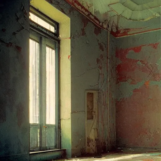 Image similar to a soviet abandoned building, film still by david lynch, depicted by balthus, limited color palette, very intricate, art nouveau, highly detailed, lights by hopper, soft pastel colors, minimalist