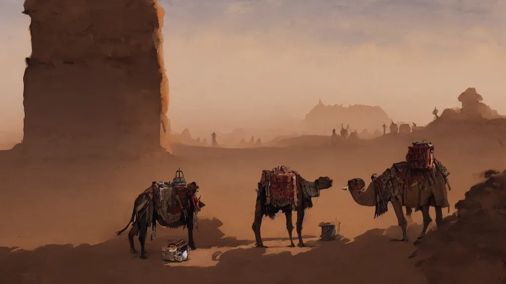 Image similar to desert landscape with arabian merchant with colored bags feeding a camel, rule of thirds, watercolored, jakub rozalski, dark colours, dieselpunk, artstation