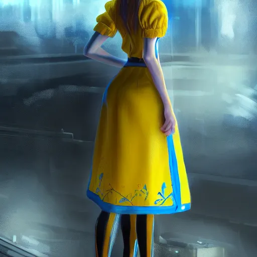 Image similar to ukrainian girl, in blue and yellow clothes, watching war, concept art, trending on artstation, highly detailed, intricate, sharp focus, digital art, 8 k