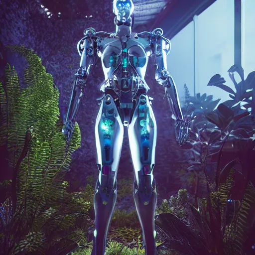 Image similar to a cyborg standing surrounded by plants, raytracing, ultrarealistic, wide frame, 3 d render, unreal engine, dynamic light, cinematic