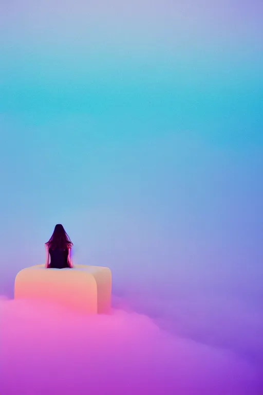 Image similar to high quality pastel coloured film close up wide angle photograph of a model wearing clothing swimming on cloud furniture in a icelandic black rock!! environment in a partially haze filled dreamstate world. three point light, rainbow. photographic production. art directed. pastel colours. volumetric clouds. pastel gradient overlay. waves glitch artefacts. extreme facial clarity. 8 k. filmic.