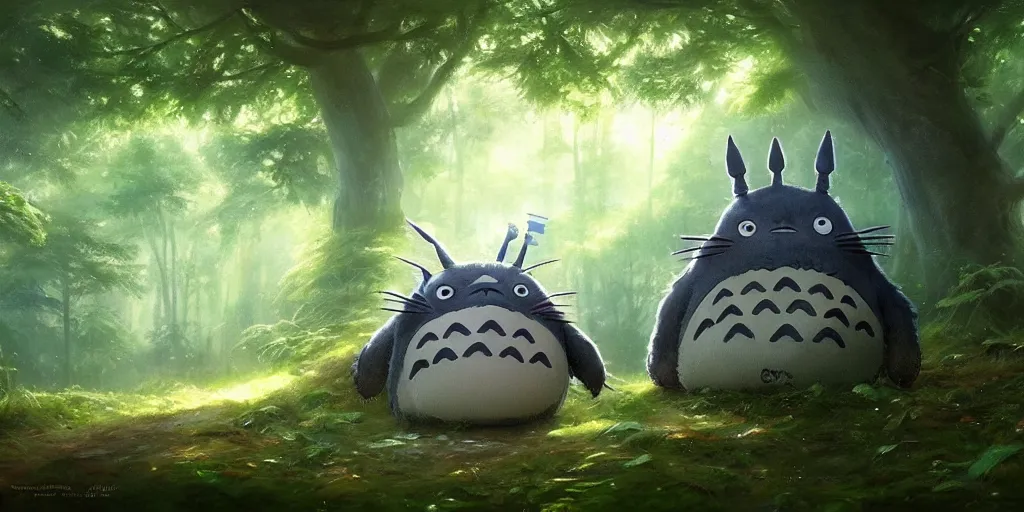 Prompt: Totoro sitting in a forest, fantasy, pixar,, high detail, god rays, painting by greg rutkowski, deviantart, trending on artstation, artstationHD, artstationHQ