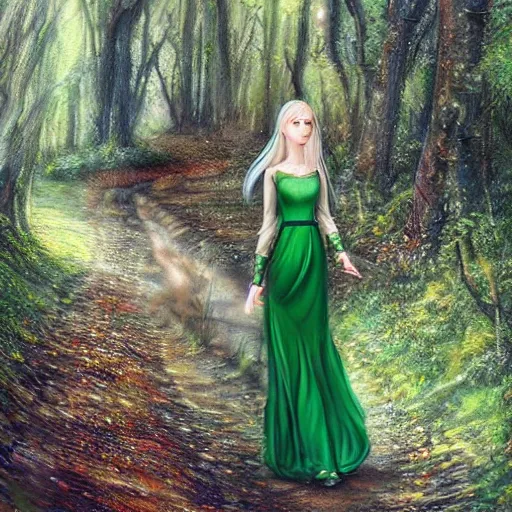 Prompt: a realistic portrait of a realistic female elf with a long withe and light green dress holding a scepter walking in the woods , perfect and hyperrealistic ultra detailed face, by WLOP