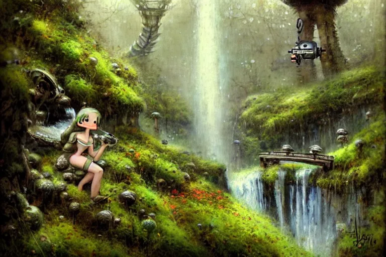 Image similar to adventurer 1 9 5 0 s retro future robot android primate in forrest of giant mushrooms, moss and flowers stone bridge waterfall. muted colors. by jean baptiste monge