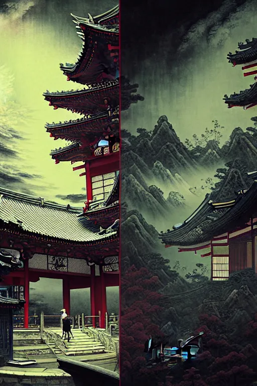 Prompt: a dreamland of chinese ukiyo - e, geometry and astrology, a decaying japanese temple, stunning atmosphere, nanotech demonic monster horror art by andreas achenbach and alena aenami