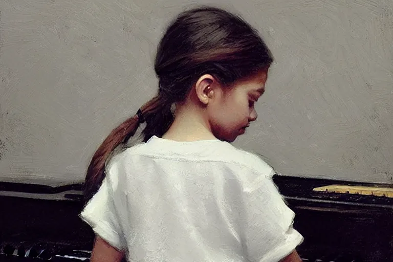 Image similar to “ little girl, pigtails hairstyle, practicing at the piano, jeremy lipking, casey baugh ”