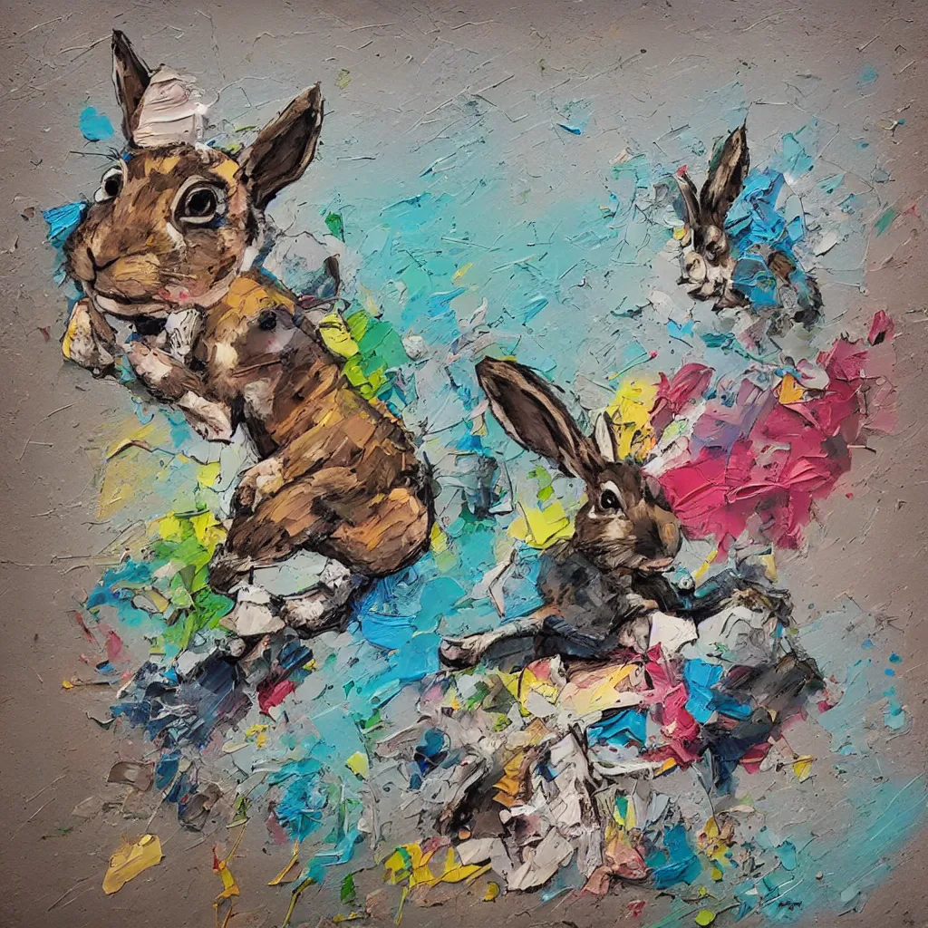 Prompt: rabbit surfing graffiti, paint, clay, cardboard, lineart, textured, impasto, trending on artstation, photorealistic, hd