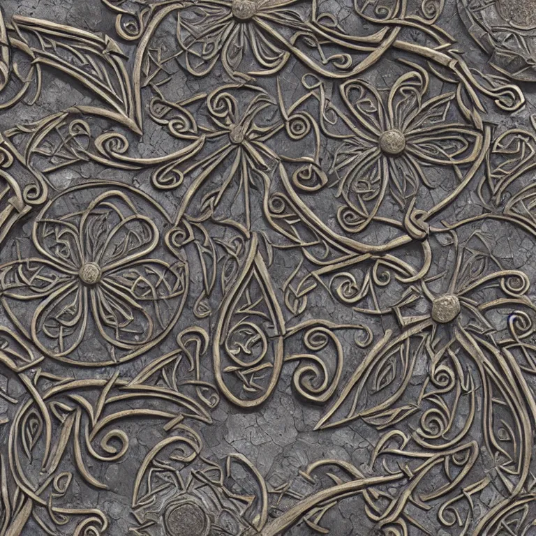 Image similar to medieval celtic ornament with mystic birds and flowers, highly detailed, photorealistic, octan render, 3 d, stone carving, basalt texture