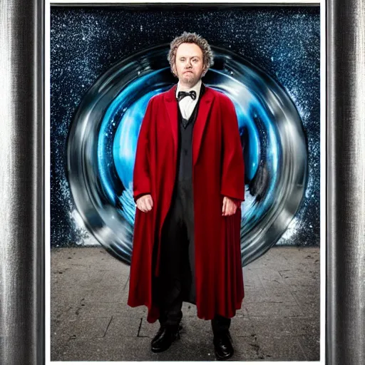 Prompt: a full body photograph of michael sheen as'doctor who ', time vortex in the background, detailed face, symmetrical face, extreme realism and detail, 8 k, completely framed, direct lighting, 3 5 mm photo, photorealistic, sharp focus