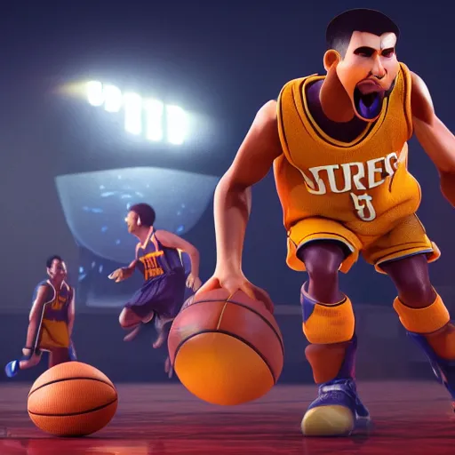 Prompt: steve curry basketball player of with a beautiful and detailed, rendered as an unreal engine 5 video game, cinema 4 d, octane render, detailed, brawl stars, cinematographic, artstation greg rutkowski, full colors hd