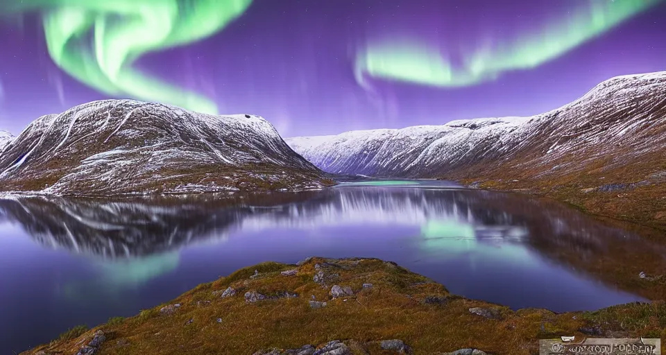 Prompt: a Norwegian fjord surrounded by mountains at night with the northern lights overhead, trees on the mountain sides, completely still mirror water reflecting the surroundings