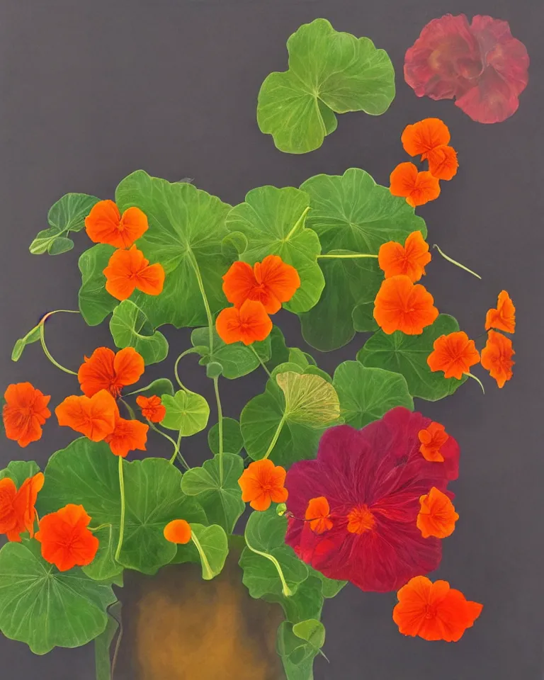 Prompt: hyperrealist still life artwork of nasturtium and colourful smoke from dark flames.