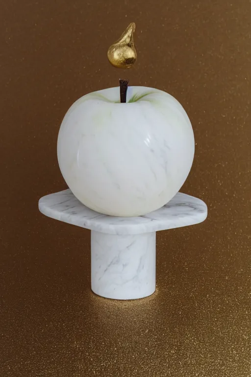 Prompt: Photo of a calacatta marble sculpture of an apple with dripping gold paint, studio lighting, high resolution, award winning.