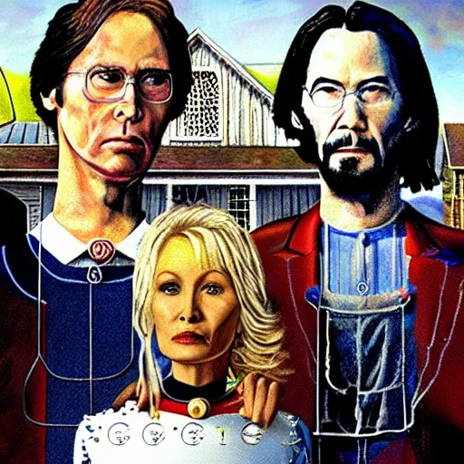 Image similar to American Gothic, with Keanu Reeves and Dolly Parton, by MARVEL comics and Sandra Chevrier, 8k