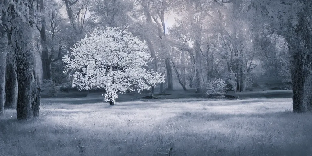 Image similar to a fantasy landscape with white beautiful trees