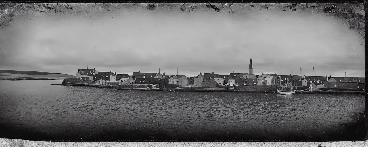 Prompt: a tintype photograph of the harbour at Stromness orkney