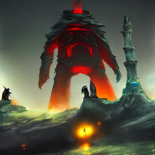 Prompt: penguin with red glowing eyes in the foreground, eternal necropolis tower in the background, guild wars 2 art style