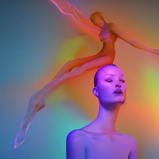 Prompt: A gorgeous young ethereal woman delicately positioned and intertwined in popping color fluids, Fantasy, hyperrealism, 4k, volumetric lighting, three dimensions, a digitally transformed world, user interface design, 3D modeling, illustration, and transportation design. art by Andrew Chiampo, Frederik Heyman and Jonathan Zawada, 4k