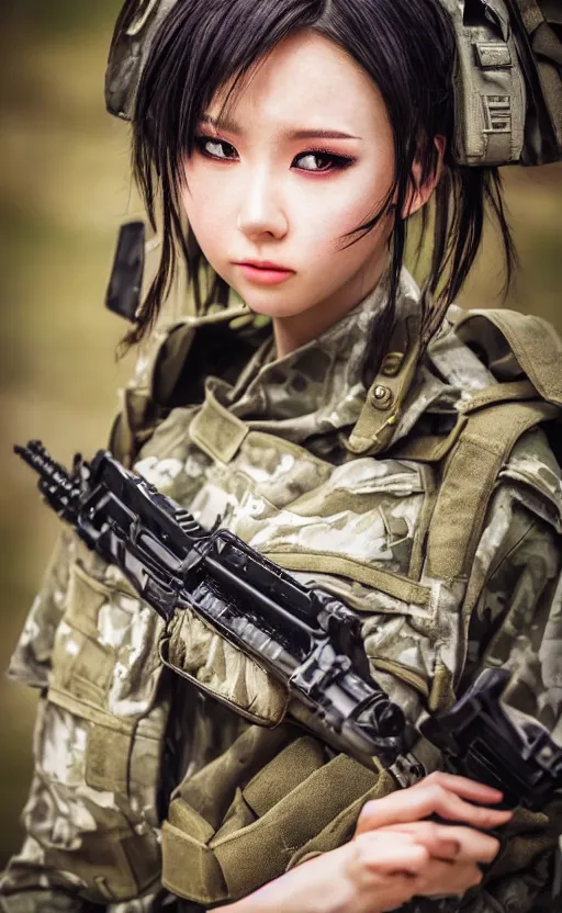 Prompt: portrait photo, highly detailed, high resolution, cosplay photo, stunning, girls frontline style, bokeh soft, 100mm, trending on instagram, by award winning photographer, realistic human anatomy, real human faces, realistic military carrier, soldier clothing, modern warfare, empty hands, shot with a canon, low saturation, soldier clothing