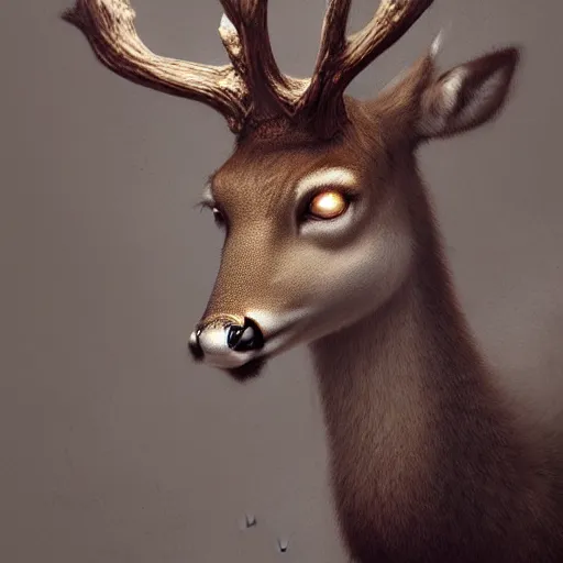 Prompt: photo realistic image of anthropomorphic deer female, stunning 3 d render inspired art by istvan sandorfi and greg rutkowski, perfect facial symmetry, realistic, highly detailed attributes and atmosphere, dim volumetric cinematic lighting,