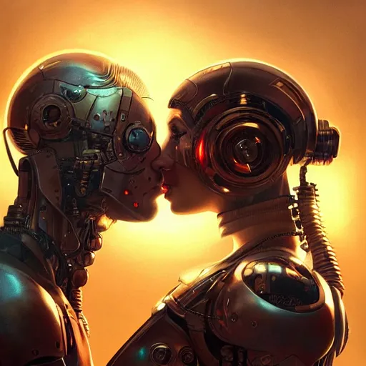 Image similar to ultra realistic medium shot of a couple of cyborgs kissing, lovers, cyberpunk, sci - fi, fantasy, kodak, colour led, soft light, volumetric lighting, night, intricate, highly detailed, digital painting, concept art, smooth, sharp focus, illustration, art by artgerm and greg rutkowski and alphonse mucha