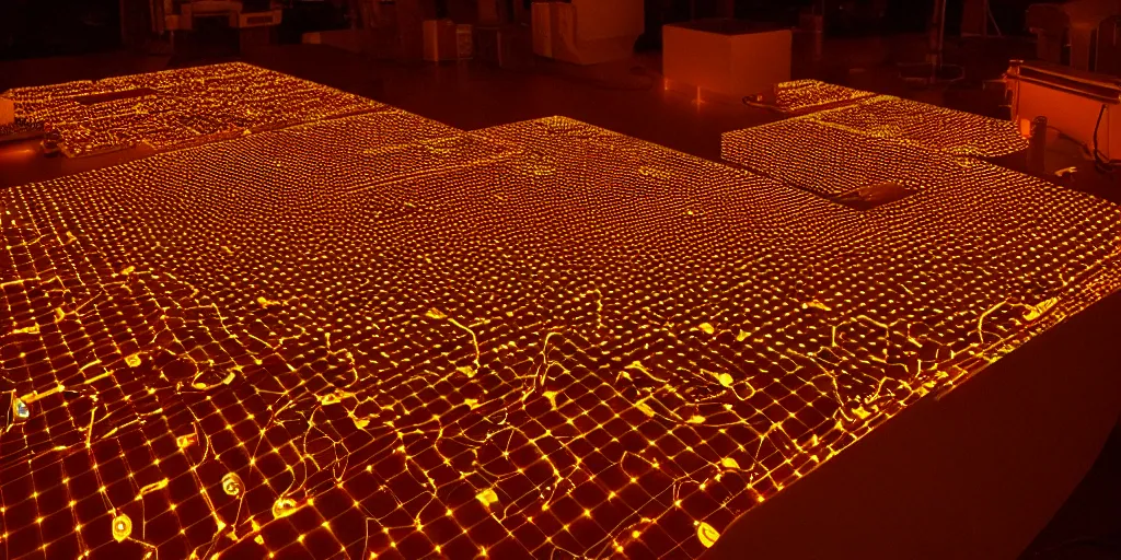 Image similar to 9-track machines made of digital grids and glowing stones with embedded LEDs. amber glowing screens.