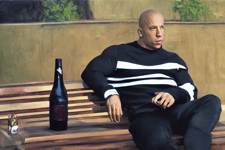 Prompt: vin diesel in black adidas tracksuit with white stripes sits on a bench with a bottle of beer in the courtyard of a provincial russian town, oil on canvas, naturalism