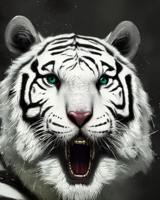 Image similar to A white tiger, highly detailed face, full body, fantasy art, monster art, in the style of greg rutkowski, illustration, epic, fantasy, intricate, hyper detailed, artstation, concept art, smooth, sharp focus, ray tracing