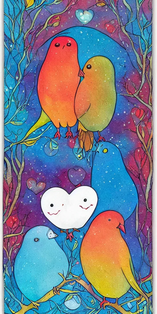 Prompt: greeting card, love, 2 affectionate birds, by kelly mckernan, warm colors, cozy
