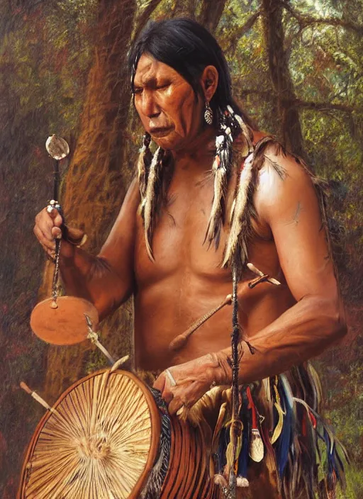 Image similar to a realistic painting of indigenous man playing shamanic drum, highly detailed, matte painting, fantasy art