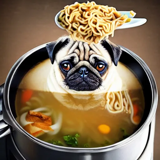 Image similar to An adorable pug sitting in a pot of ramen noodle soup atop a stove, high resolution photograph